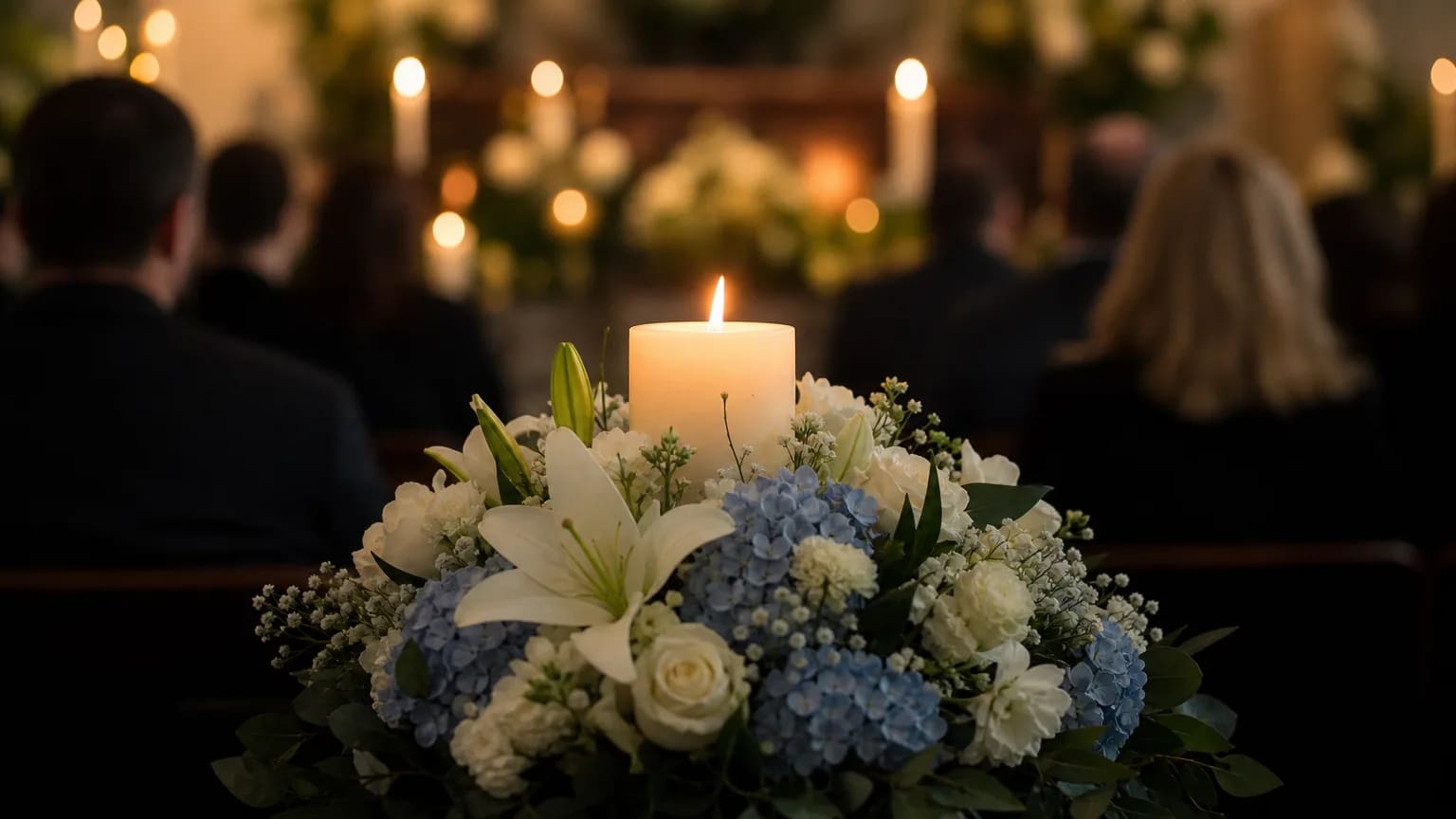 Lit candle rises from white lilies and blue hydrangeas at a Utica, NY cremation service
