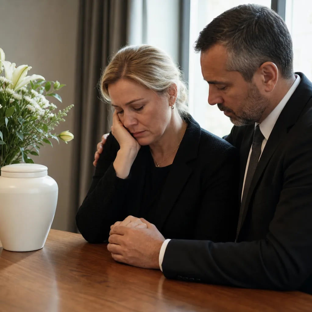Man comforts grieving woman beside white urn and lilies at Utica, NY cremation service